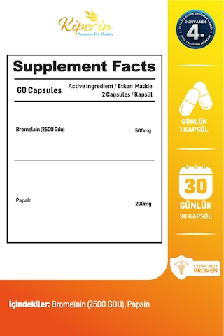 Kiperin Bromelain 2500 Gdu & Papain - Doğal Proteolitik Enzim 30kapsül & 700mg Akıllı Gıda Takviyesi