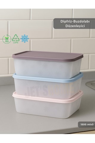 3'lü Dipfriz Saklama Kabı - No Frost Silikon Kapaklı Derin Dondurucu Düzenleyici - Bpa Free - 1500 Ml Şeffaf