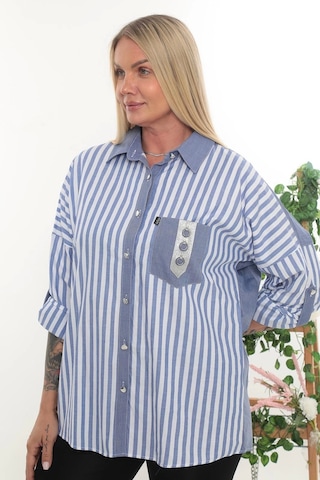 Lady Majestic %100 Cotton Rahat Kalıp Çizgili Büyük Beden Kadın Uzun Kollu Gömlek Mavi