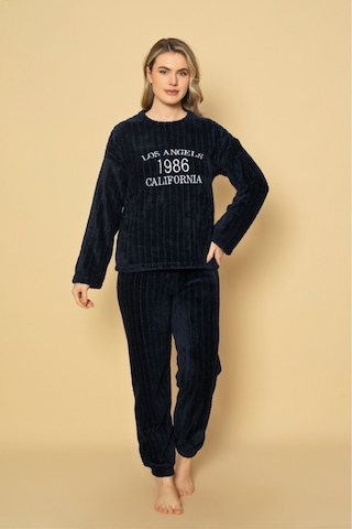 Kadın Lacivert Renk Peluş Pijama Takımı GÜL KURUSU