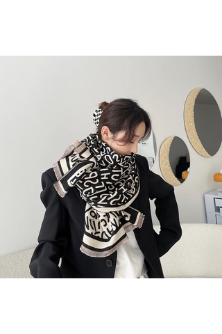 Dofolink Kadınlar İçin Kışlık Çift Taraflı Pashmina Eşarp, Kalın Yün İmitasyonu, Moda Örgü Desenli, Boyunluk Ve Atkı 2'li, 190x65 Cm, V1101 Siyah