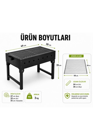 Dtagas Bahçe, Kamp Ve Piknik Için, Katlanabilir Ayaklı, Çelik Gövdeli Profesyonel Mangal Siyah