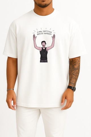 Bahriyeli Collection Oversize O Mal Yaptıysa Bende Yaparım Motivasyon Göğüs Tasarımlı Unisex T-shirt Beyaz