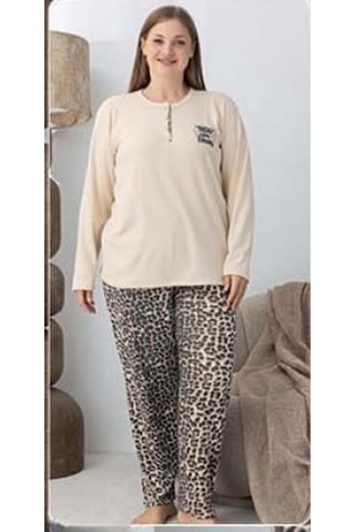 Lindros Kadın Pamuk'lu Düğme Yaka Raporlu İnterlok Kışlık Battal Pijama Takımı 05160 - 1 Adet Ekru