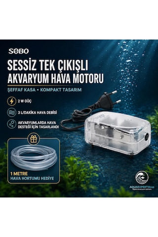 Sobo Sessiz Hava Motoru - Tek Çıkışlı - Şeffaf Tasarım - 1 Metre Hava Hortumu Hediye - 2w - 3lt/saat