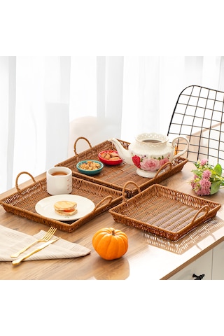 Porsima 709c Kare 3'lü Hasır Tepsi Dekoratif Sunum Servis Tepsisi