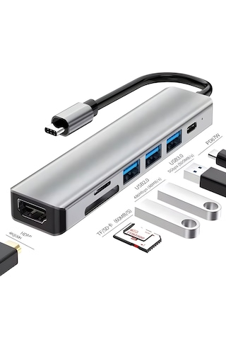 7in1 Aluminiumusb Çoklayıcı Çevirici Pd100w Hızlı Şarj 4k 60hz 1xhdm 3xusb 1xtype-c Tf/sd Gri