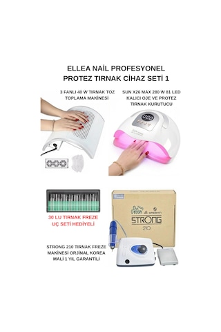 Protez Tırnak Cihaz Seti Strong 210 Freze Cihazı & 3 Motorlu Tırnak Toz Toplama & Sun X26 Uv 81 Led