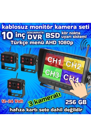10 İnç Dvr Dokunmatik 3 Adet Kablosuz Kamera Ahd 1080p Monitör Bsd Kör Nokta Sistemli 12 24 V