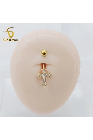 Flybuy Altın Gümüş Zirkon Çapraz Sembol Kavisli Titanyum Navel Ring, 1.5cm, Göbek Yüzük, Dini Tasarım, G23titan Marka, Paslanmaz Çelik Ve Titanyum, Erkek/kadın, Moda Aksesuar Gümüş