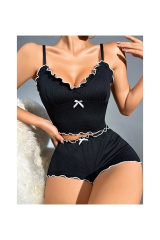 Kadın Siyah Fitilli Askılı Şortlu Pijama Takım 5042