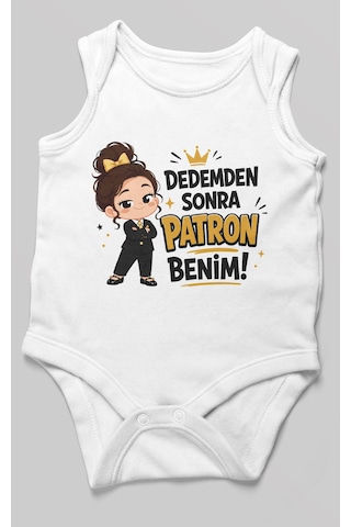 Morivokids Dedemden Sonra Patron Benim Sıfır Kollu Bebek Zıbını %100 Pamuk Beyaz