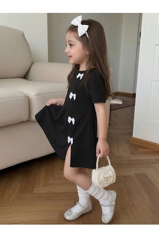Uyguntarz Kız Çocuk Siyah Mini Elbise Beyaz Fiyonk Detaylı Modern Tasarım