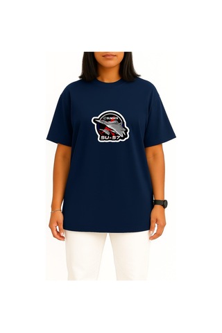 Bahriyeli Collection Oversize Sukhoi Su-57 Savaş Uçağı Göğüs Baskılı Unisex T-shirt Lacivert