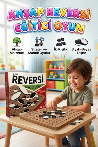 Ahşap Reversi 2 Kişilik Strateji Ve Zeka Geliştiren Eğitici Oyuncak Kutu Oyunu
