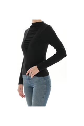 Qoolest Kadın Siyah Önü Tül Büzgü Detaylı Dik Yaka Slim Fit Örme Bluz Siyah