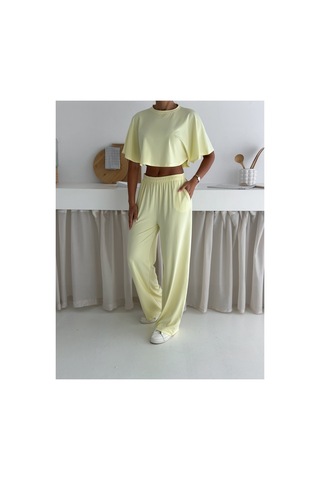 Gugus Yazlık Takım - Alt Üst Kadın Dokulu Kumaş -baggy Pantolon + Salaş Üst Sarı