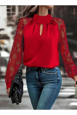 Tua Moda Kadın Uzun Kollu Göğüs Pencere Detay Yaka Boğazlı Kolları Tüllü Sandy Bluz Kırmızı