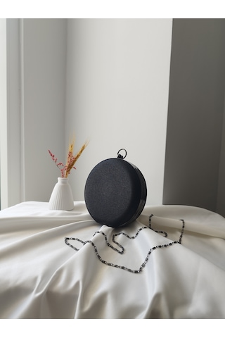 Vivazzaluxe Modern Yuvarlak Model Simli Düğün Nişan Gelin Kadın Abiye Clutch Çanta Siyah
