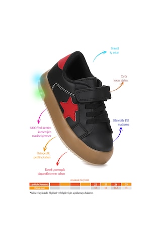 Kiko Kids Rena Günlük Cırtlı Işıklı Erkek Bebek Spor Ayakkabı Siyah - Kırmızı Siyah - Kırmızı