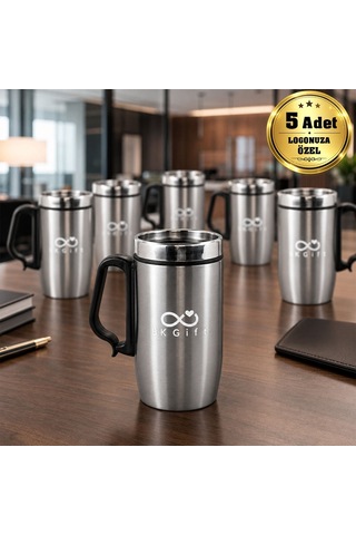 Logonuza Özel 5 Adet 5304 Çelik Kupa 240 Ml Kilitli Kapaklı Kurumsal Termos Mug Gümüş