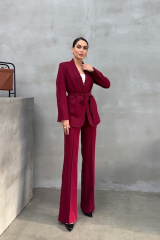 Msm Fashion Kadın İkili Kuşaklı Blazer Ceket Pantolon Takım Bordo