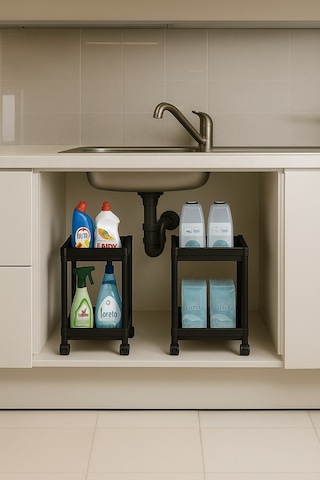 Flex Elite Pro 2 Katlı Siyah Tekerlekli Çok Amaçlı Banyo & Mutfak Düzenleyici Raf Evye Altı Deterjanlık Siyah