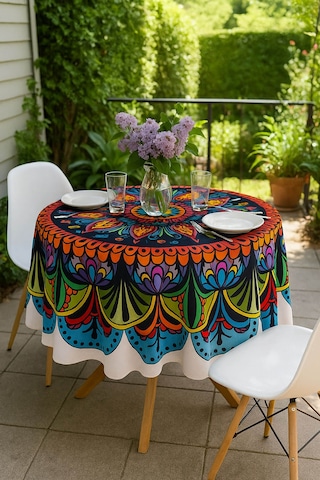 Yuvarlak Etnik Desenli Duck Kumaş Masa Örtüsü 150x150 Cm Çok Renkli