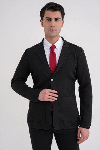 Comfort Fit Ceket Yaka Torba Cep Düğmeli Siyah Yünlü Triko Ceket 04 Siyah