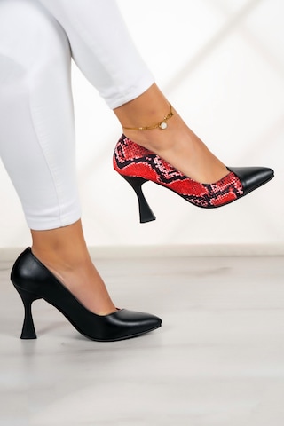 Jatqılı Plus Kırmızı Yılan Kadeh Topuklu Ayakkabı Siyah - Kırmızı