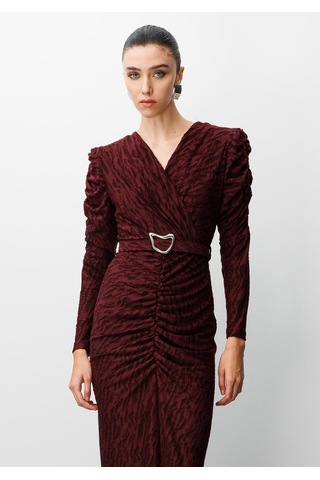 Moda İlgi Kadın Kruvaze Büzgü Detaylı Jakar Yakma Kumaş Beli Kemerli Kalem Elbise 0022 Bordo Bordo