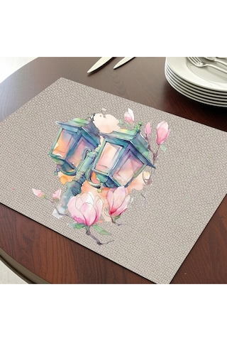 Çiçekli Sokak Lambası Tasarımlı Amerikan Servis, Tabak Altlığı & Masa Dekoru, Ev Hediyesi, 2 Adet Krem