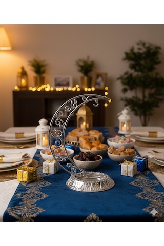 28 Cm Ramazan Dekoratif Masa Üstü Hilal Gümüş Plastik Tabanlı Süs Diğer