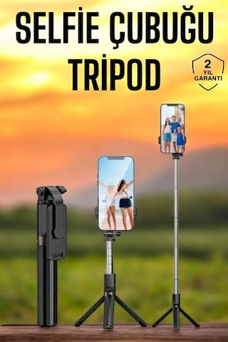 Selfie Çubuğu Tripod Kumandalı Telefon Tutucu Siyah 1 Adet