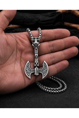 Paslanmaz Çelik Gotik Tarz Kurukafa Balta Kolye Gümüş