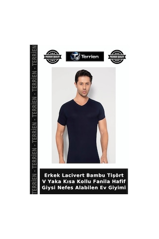 Terrien Erkek Lacivert Bambu Tişört V Yaka Kısa Kollu Fanila Hafif Giysi Nefes Alabilen Ev Giyimi
