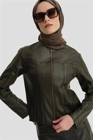 Armine Trok Biyeli Deri Ceket 24k5716 Haki Haki