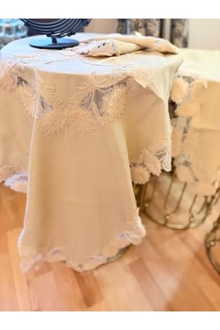 Gri Çeyizlik Flowers Model 5 Parça Keten Dantelli Runner Seti Salon Takımı Çok Renkli