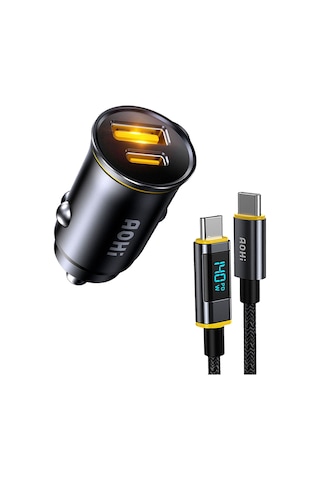 Aohi Superauto 2 Portlu Pd 65w Araç İçi Şarjı, 140w Led Ekranlı Naylon Örgülü Süper Hızlı Şarj Kablo