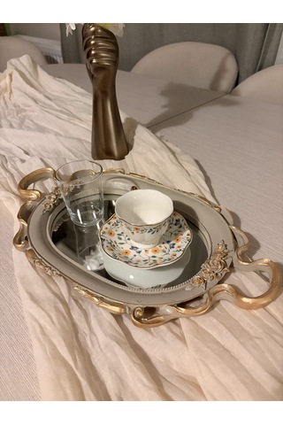 Küçük Oval Aynalı Kulplu Dekoratif Tepsi Vizon & Altın Varaklı 37x21 Cm