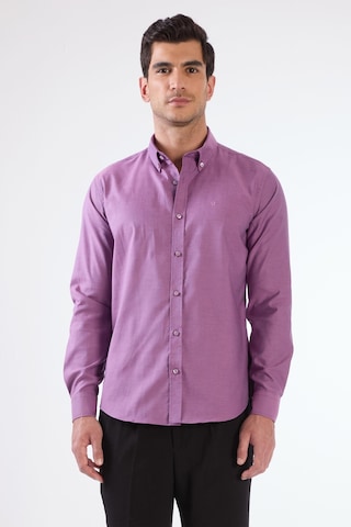 Dufy Koyu Lila Erkek Slim Fit Düz Brent Düğmeli Yaka Uzun Kol Gömlek - 102469 Koyu Lila