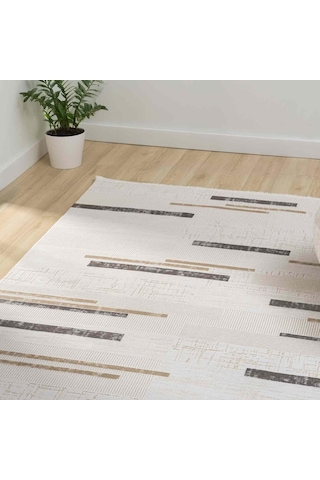 Krem Bej Kahve Yatay Blok Desenli Halı - Mk0559grl