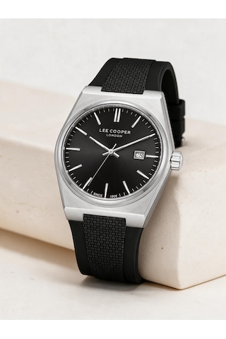 Lee Cooper Siyah Silikon Kayış Siyah Kadran 40 Mm Yuvarlak Erkek Kol Saati, Bileklik Hediyeli Gümüş