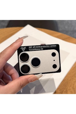 Apple Uyumlu iPhone 17 Pro - Safir Taşlı Lens Koruma Full Metal Kamera Koruması Tek Parça Beyaz