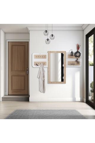 Elbise Askısı / Aynalı Askı / Dekoratif Askılık / Portmanto /duvar Askılık / Flora Dafne Beyaz - Meşe