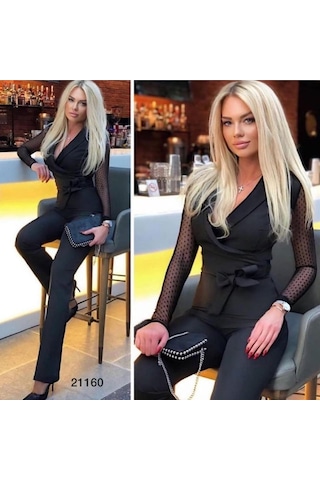 Laraa Giyim - Krep Kumaş Kol Tül Puan Detaylı Kuşaklı Tulum 141 CM - 47498 001