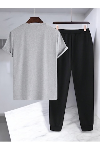 Uyguntarz Unisex Saksı Tasarım Basklı Tshirt Eşofman Takımı Gri