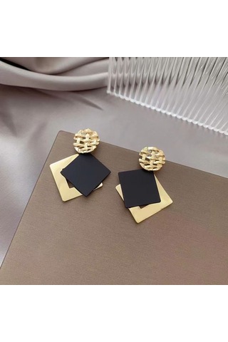 Samdoo Geometrik Kare Desenli, Siyah Email Ve Altın Kaplama, Çift Katlı, Dayanıklı Alaşım, 4.5x3.4 Cm, S925 Gümüş İğne, Modern Retro Küpe Gold