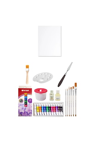 Red Apple Tüp Yağlı Boya Seti 12 Ml 12'li 25x35 Tuval Seti Metal Spatül Zemin Fırça Resim Paleti Çok Renkli