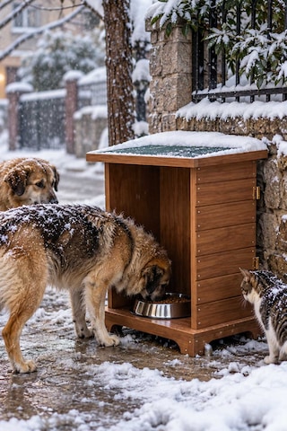 Reyo Büyük Boy Köpek Ahşap Mama İstasyonu, Mama Standı, Su Geçirmez Memran Çatılı, Uzun Ömürlü Ceviz - Monteli Teslimat